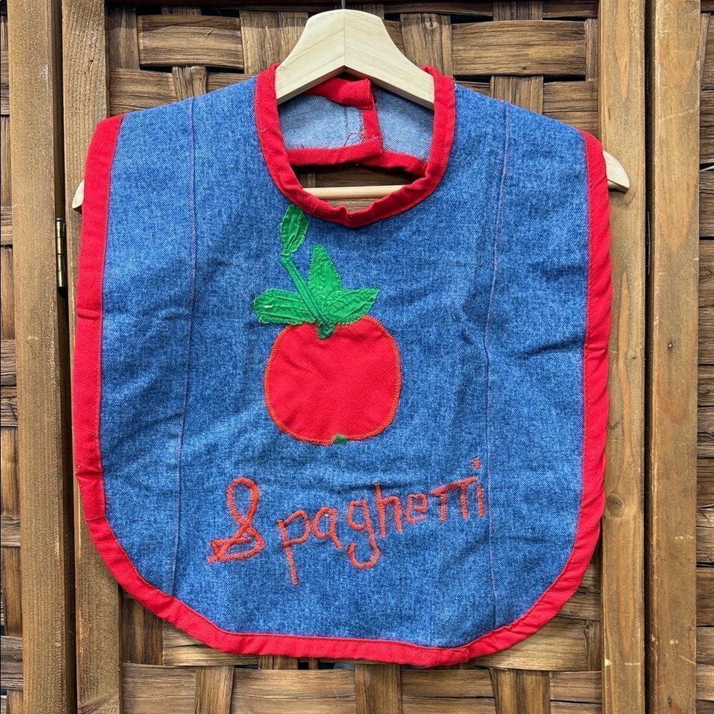Vintage Spaghetti Red and Blue Kids Bib with Apple Design